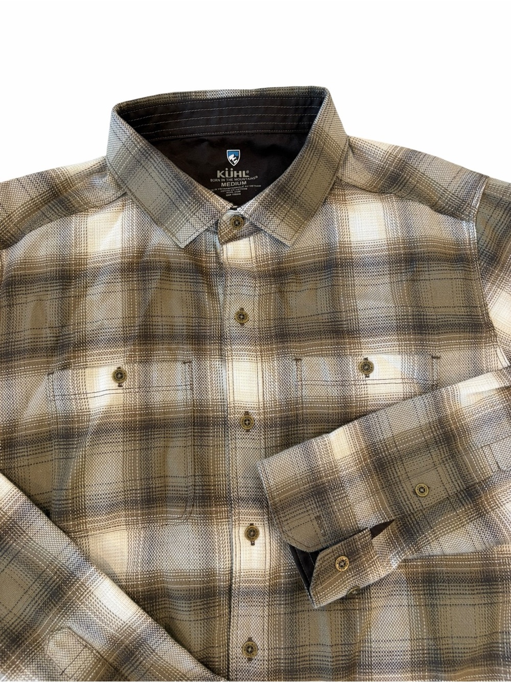 Kuhl Law Flannel Shirt Men’s Medium Beige Brown Plaid Long Sleeve